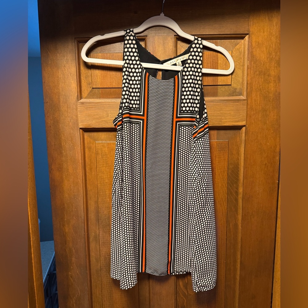 Max Studio Black and White Polka Dot Blouse with Orange Stripes